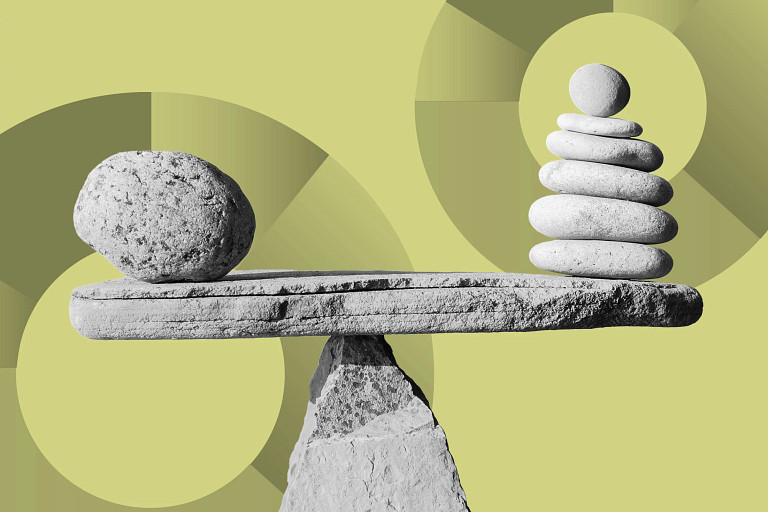 A stone balance with a single large rock on one side and a neat stack of smooth stones on the other, poised on a central pivot, set against a light green background with layered circular shapes.