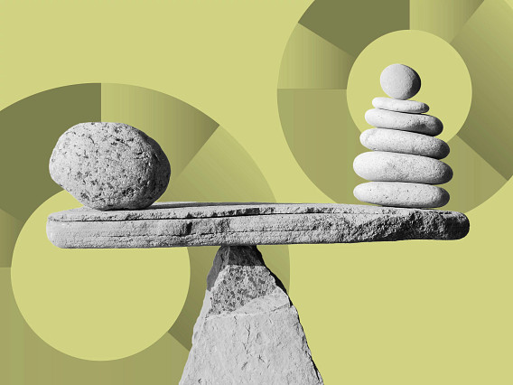 A stone balance with a single large rock on one side and a neat stack of smooth stones on the other, poised on a central pivot, set against a light green background with layered circular shapes.