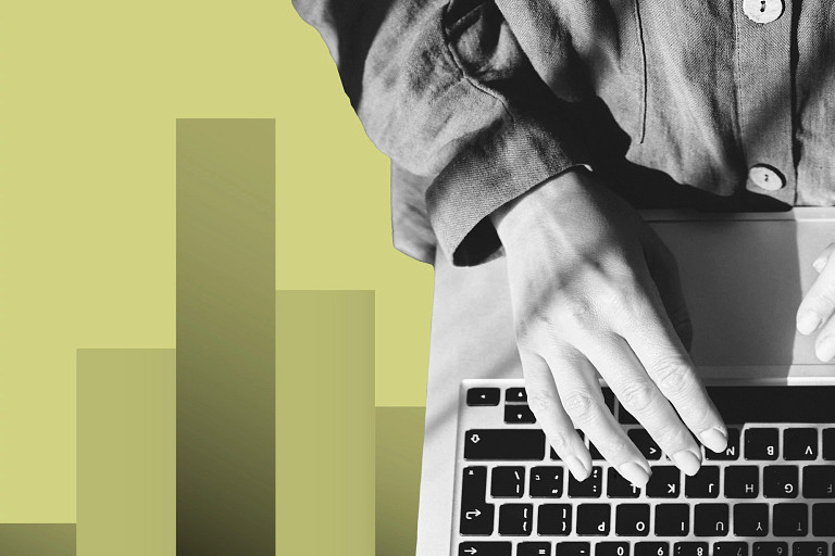 Black-and-white photo of a person’s hand resting on a laptop keyboard, wearing a long-sleeve button-up shirt, set against a light green background with abstract vertical bar shapes.