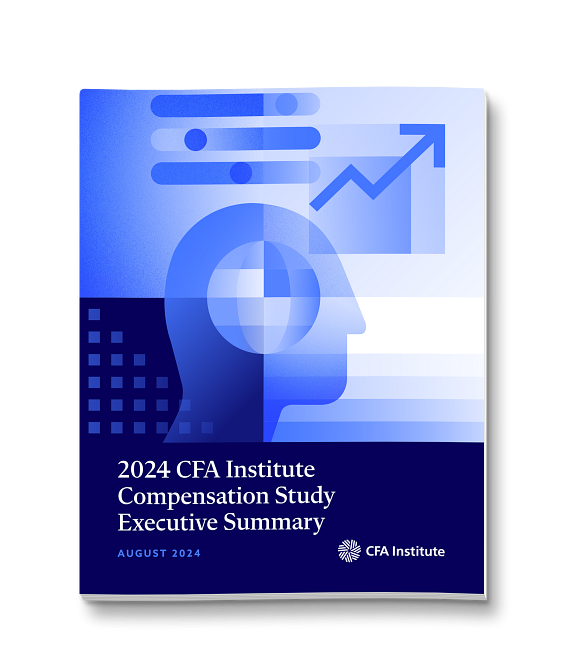Screenshot of the cover page of the study doc, with a blue illustration of the profile of a man's face with an upwards arrow above it. Under the illustration is the title - 2024 CFA Institute Compensation Study Executive Summary, August 2024, with the CFA logo at the bottom of the page
